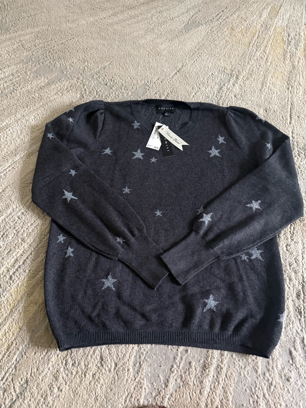 Premise star sweater gray puff shoulder medium new